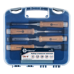 Набор стамесок КОБАЛЬТ плоских: 6, 12, 18, 24 х 140 мм,CR-V, деревянная рукоятка, точильн. камень (4 шт.) кейс (4 шт., кейс)